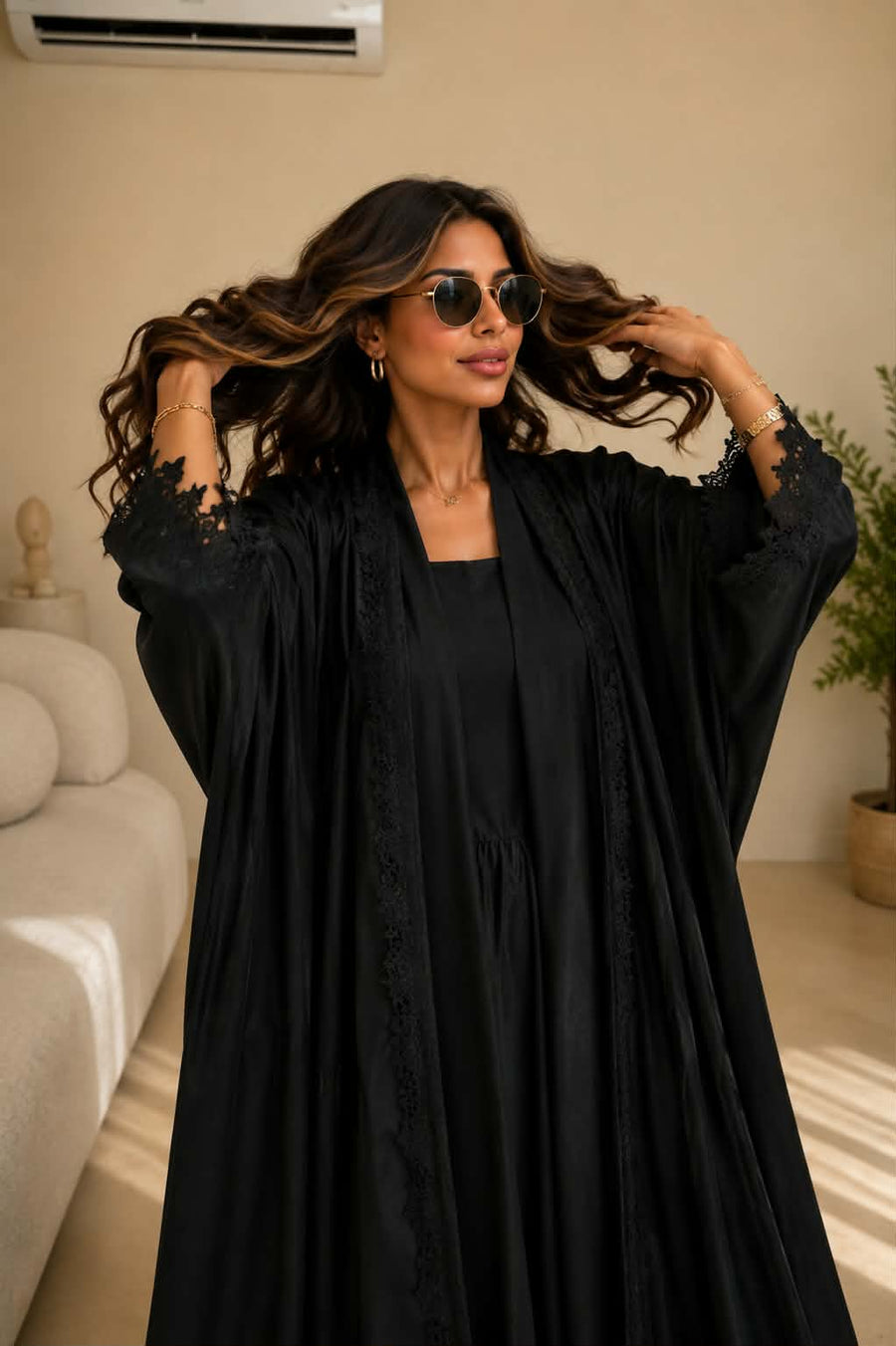 عباية دانتيل جوبير أسود — أمامي كامل